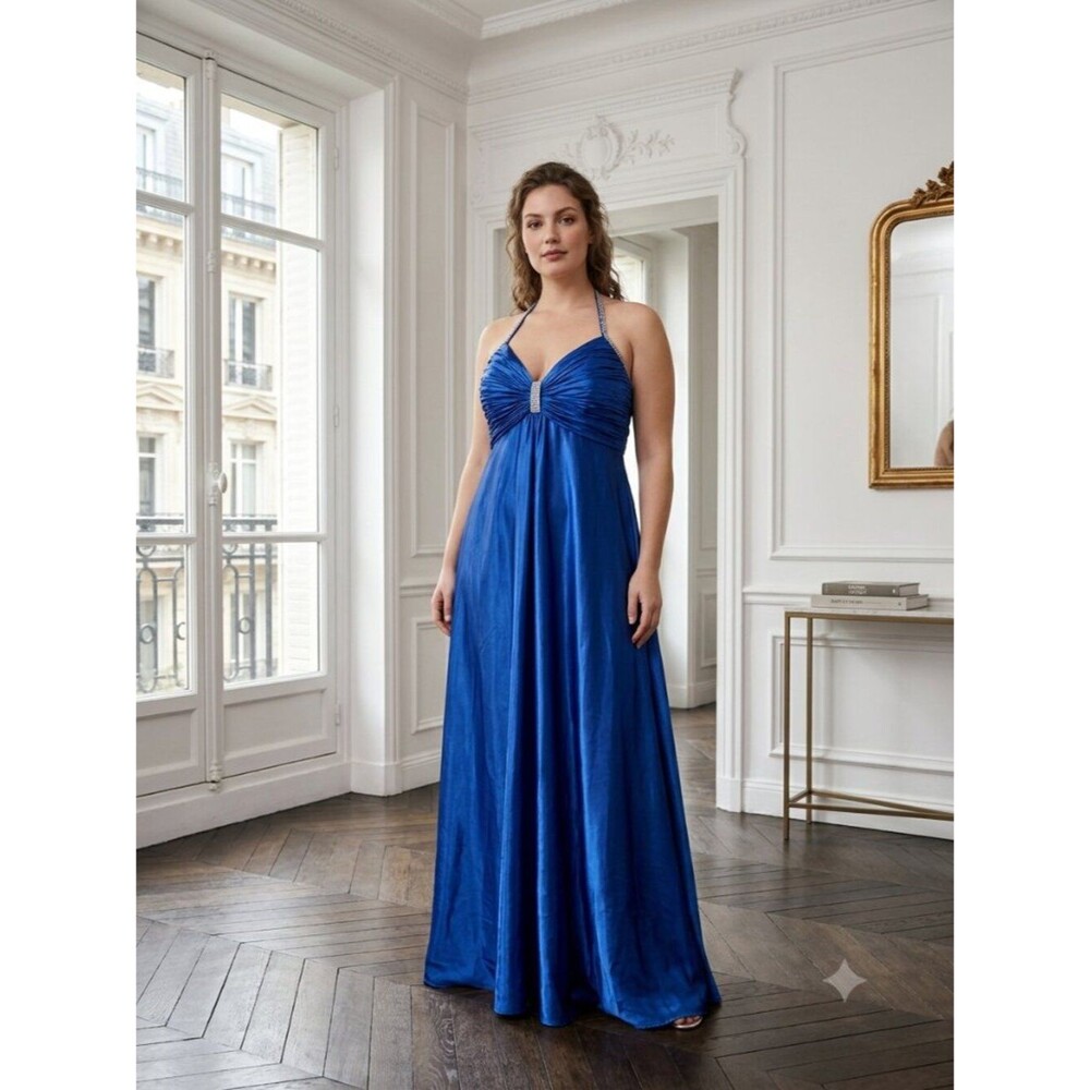 Cassandra Stone II By Mac Dougle Royal Blue Halter Evening Gown Size 18
